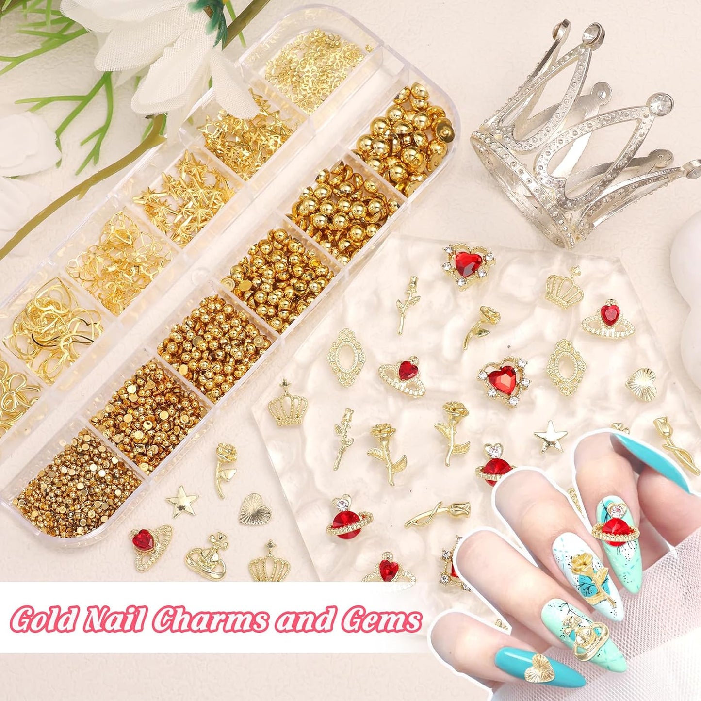 2 Boxes Metal Gold Nail Charms and Gems, 3D Alloy Crown Heart Planet Nail Gems Charms, Golden Bows Star Nail Studs, Gold Pearls Beads for Nails Art Designs DIY Accessories