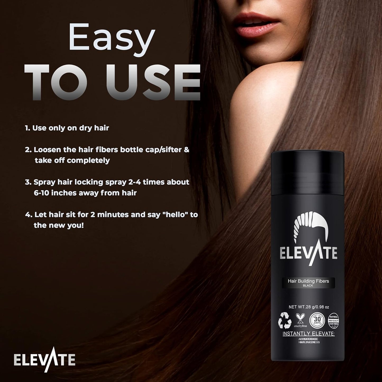 ELEVATE Hair Fibers to Instantly Thicken & Completely Conceal Thinning Balding Areas Loss in 30 Seconds for Men & Women (BLACK) 28g Size - 100% Natural & Undetectable Keratin Fibers