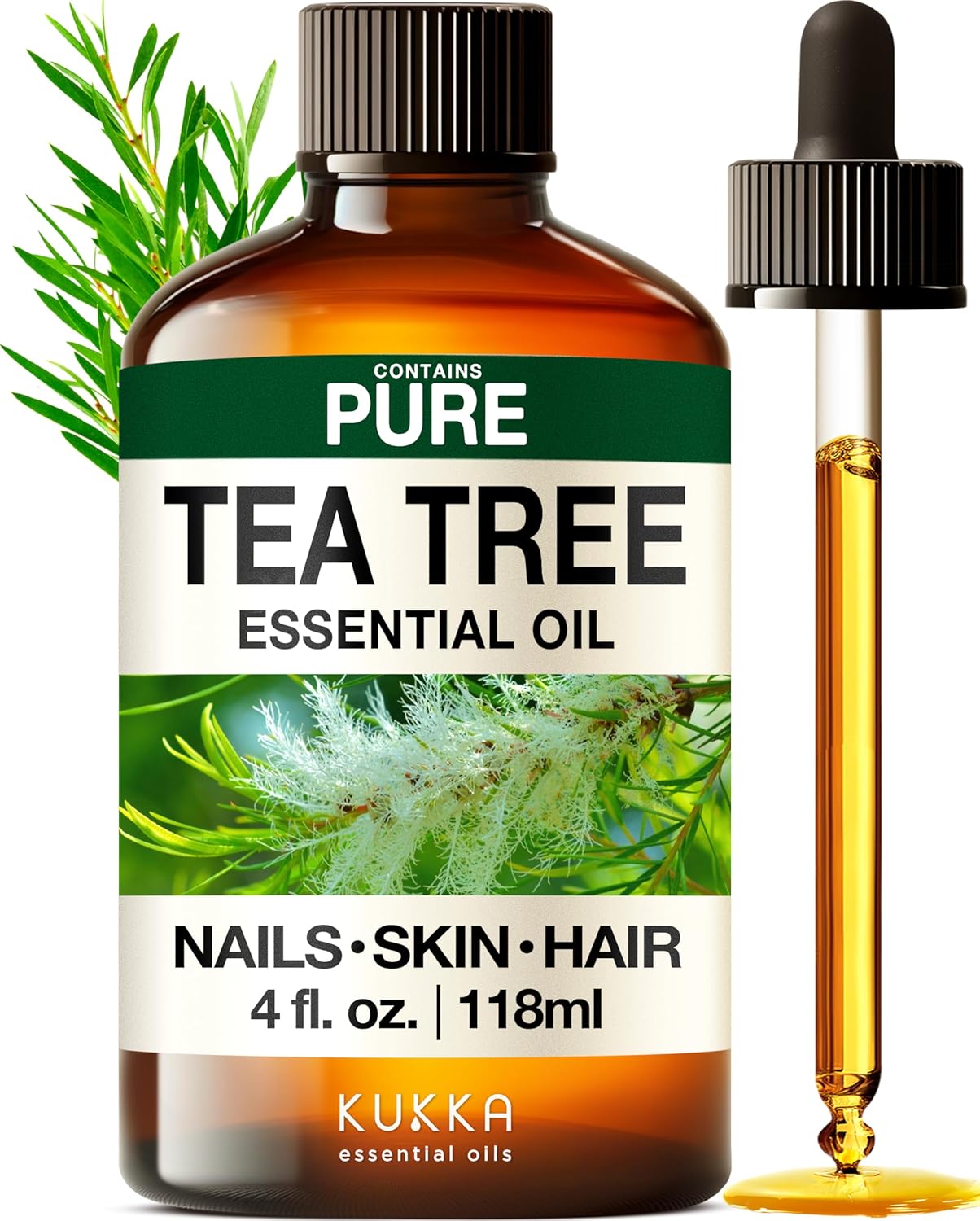 Kukka Essential Oils Tea Tree Oil for Skin, Hair, Nails & Toenails, Aromatherapy - 4 Fl Oz / 118 ml, DIY Soap Making Scents