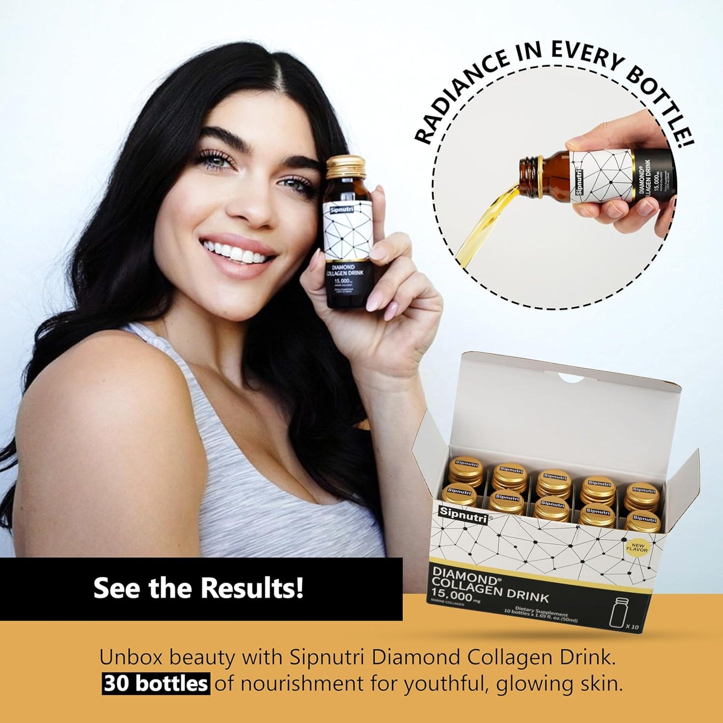 Diamond Liquid Collagen Drink, 15000 mg Hydrolyzed Marine Collagen Peptides with Vitamin C, Pomegranate, Healthy Hair Skin Nails Joints Bones Support, 50 ml x 10 Bottles (3 Boxes)