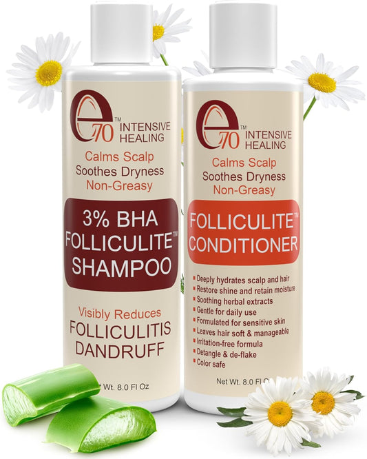 Folliculitis Treatment Shampoo and Conditioner with 3% BHA, Salicylic Acid, Aloe Vera & Tea Tree Oil - Anti Itch Shampoo for women & men with Flaky Scalp Treatment Acne, Made in USA by e70, 8 fl oz