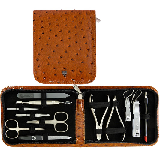 3 Swords Germany - brand quality 12 piece manicure pedicure grooming kit set for professional finger & toe nail care with cognac synthetic leather case - Made in Germany | alldaygood beauty