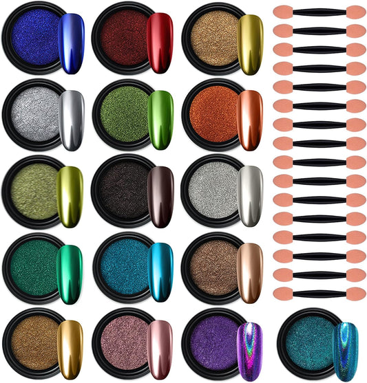 Artdone 16 Colors Chrome Nail Powder, Iridescent Aurora Powder Metallic Mirror Effect Pigment Pearlescent Mermaid Pigment Pearl Glitter Dust Kit, Nail Art Decoration, Resin Craft | alldaygood beauty