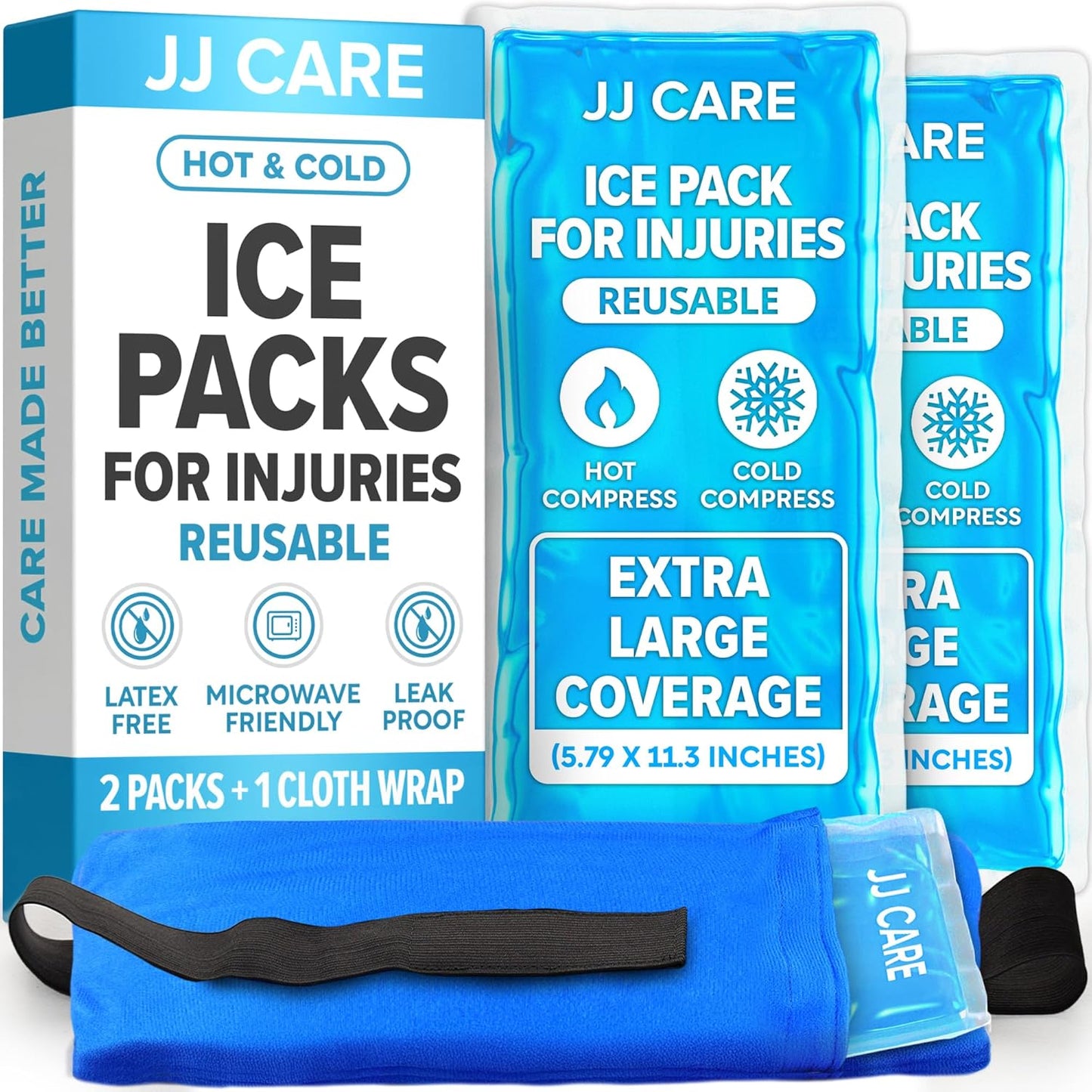 JJ CARE Gel Ice Packs Reusable (Pack of 2, XL) - Ice Packs for Injuries Reusable - Soft Ice Pack for Injuries with Wrap - Flexible Therapy, for Knee, Back, Neck, Wrist, & Ankle