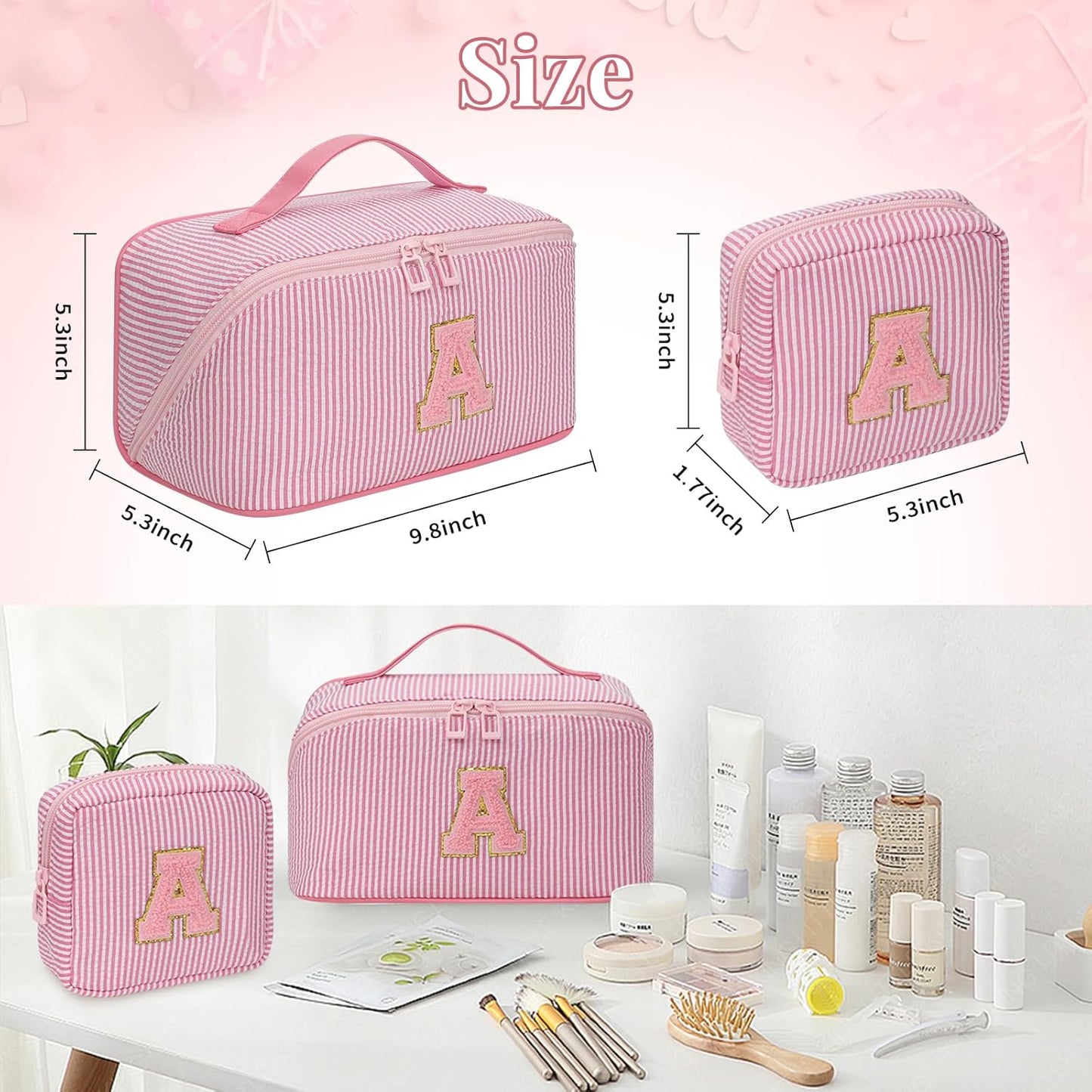 Travel Makeup Bag for Women, 2Pcs Portable Personalized Initial Makeup Organizer Bag, Open Flat Large Cosmetic Bag With Travel Essential Pouch (Pink Letter Z)