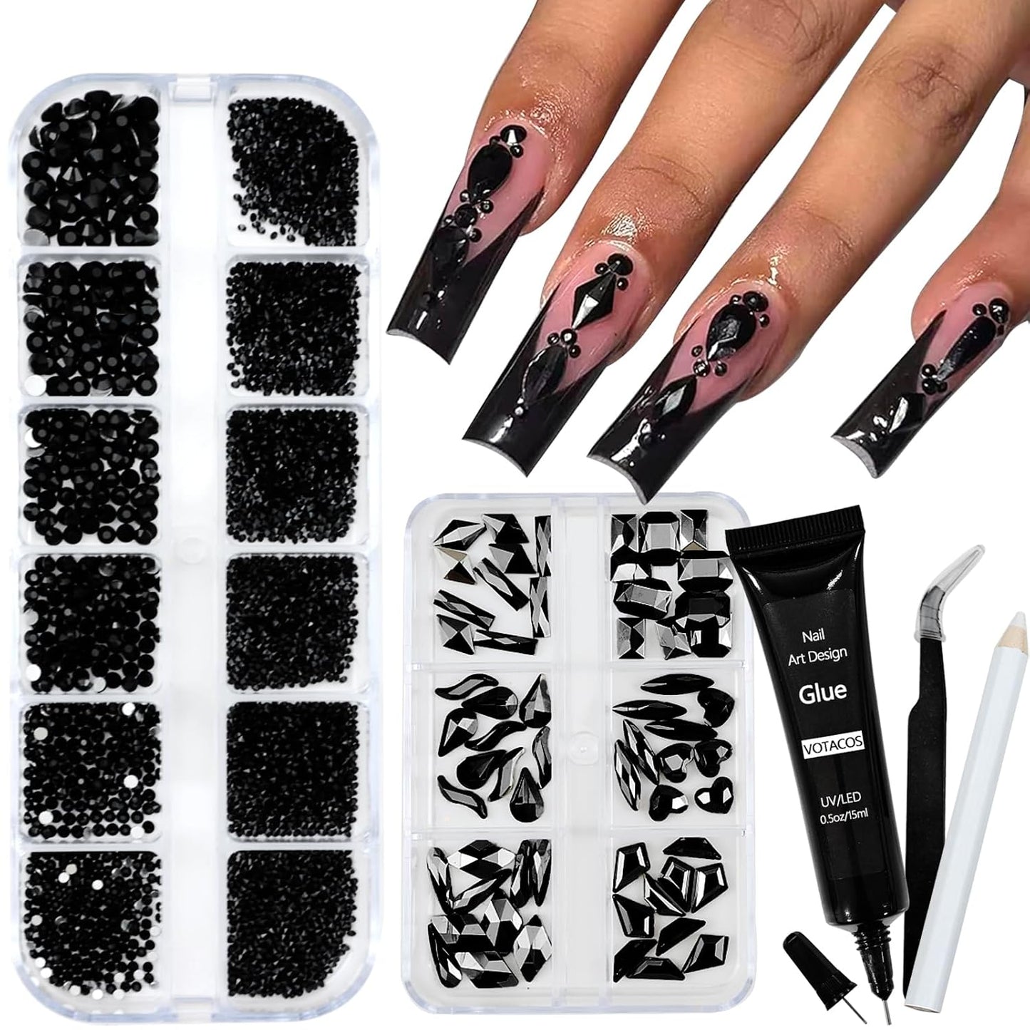 Nail Art Rhinestones with Glue Gel Flatback Nail Charms Luxurious Supplies Accessories Champagne Nails Gems Jewelry for Women Nails DIY Design Decoration,Black