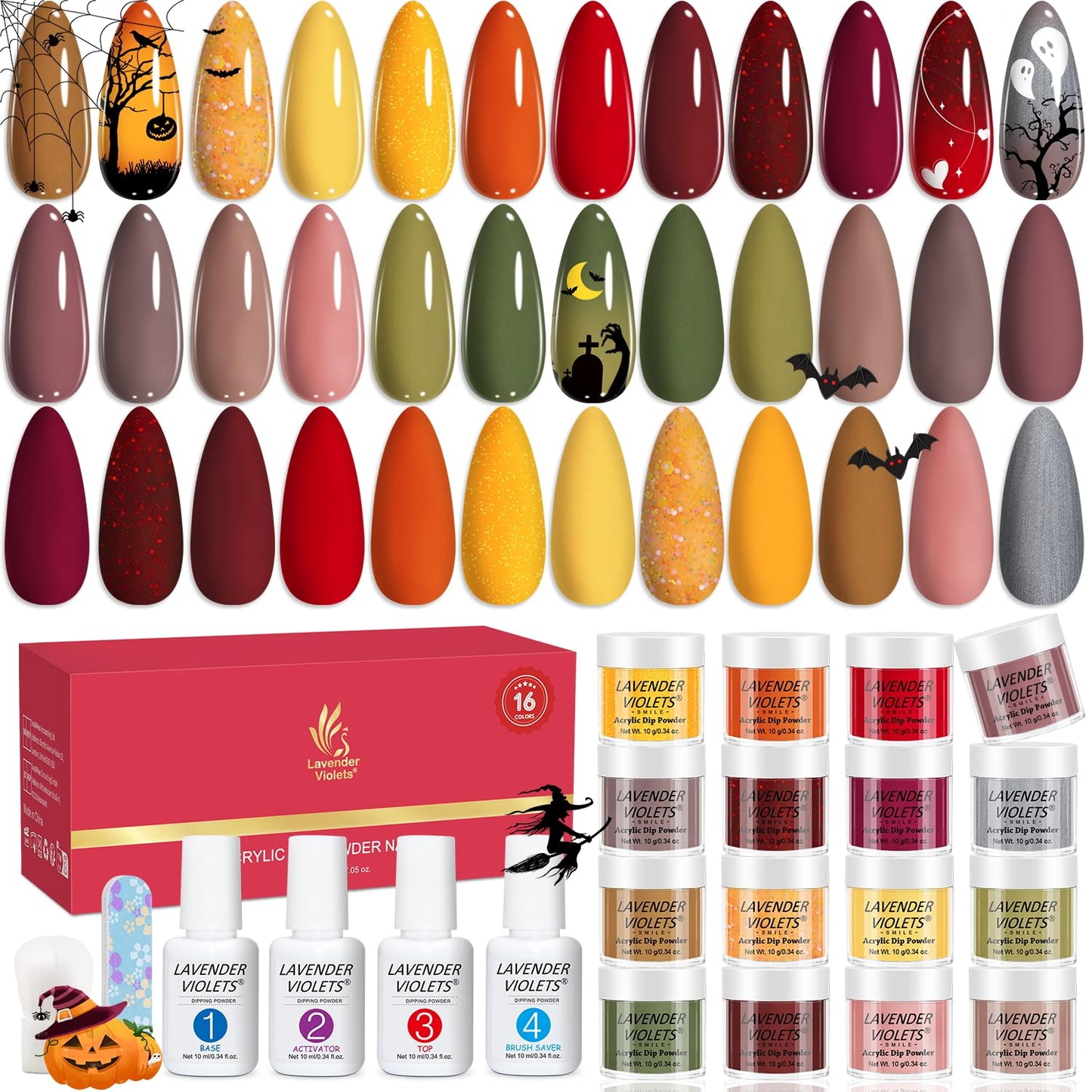 Lavender Violets 22pcs Halloween Dip Powder Nail Kit 16 Colors Red Brown Gold Green with Dip Powder Liquid Perfect Gift for Women Nail Art DIY M967