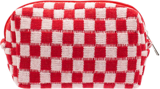 PAZIMIIK Checkered Makeup Bag for Purse Portable Zipper Make Up Pouch Small Cosmetic Case for Travel Accessories (Red)