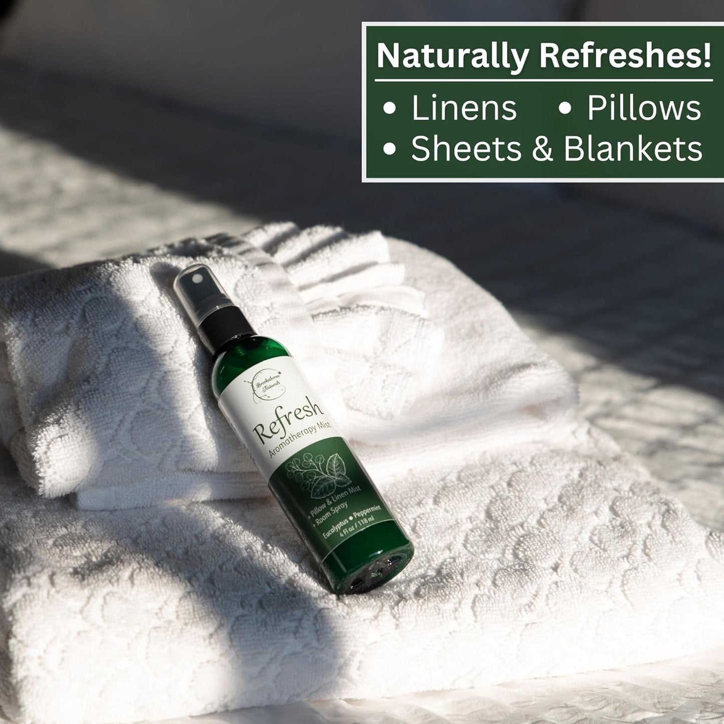 Refresh Aromatherapy Room Spray & Pillow Mist. Peppermint & Eucalyptus Essential Oil Spray, Linen Mist, Natural Car Air Freshener Bathroom Freshener & Closet Deodorizer by Brookethorne Naturals