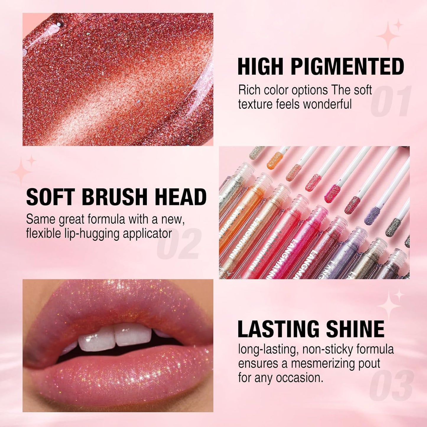 LANGMANNI 2 Colors Diamond Glitter Lip Gloss Set,Long Lasting High Shine Shimmer Liquid Lipstick Set,Hydrating,Moisturizing Lip Gloss Kit Gift Makeup For Girls(#09+10)
