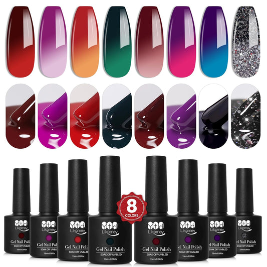 YTD Likomey Color Changing Gel Nail Polish Set,8 Colors Mood Temperature Change Colors Red Pink Green Blue Yellow Black Glitter Fall Winter UV Color Thermal Ombre Varnish Kit,7.5 ml 0.25 Fl Oz | alldaygood beauty