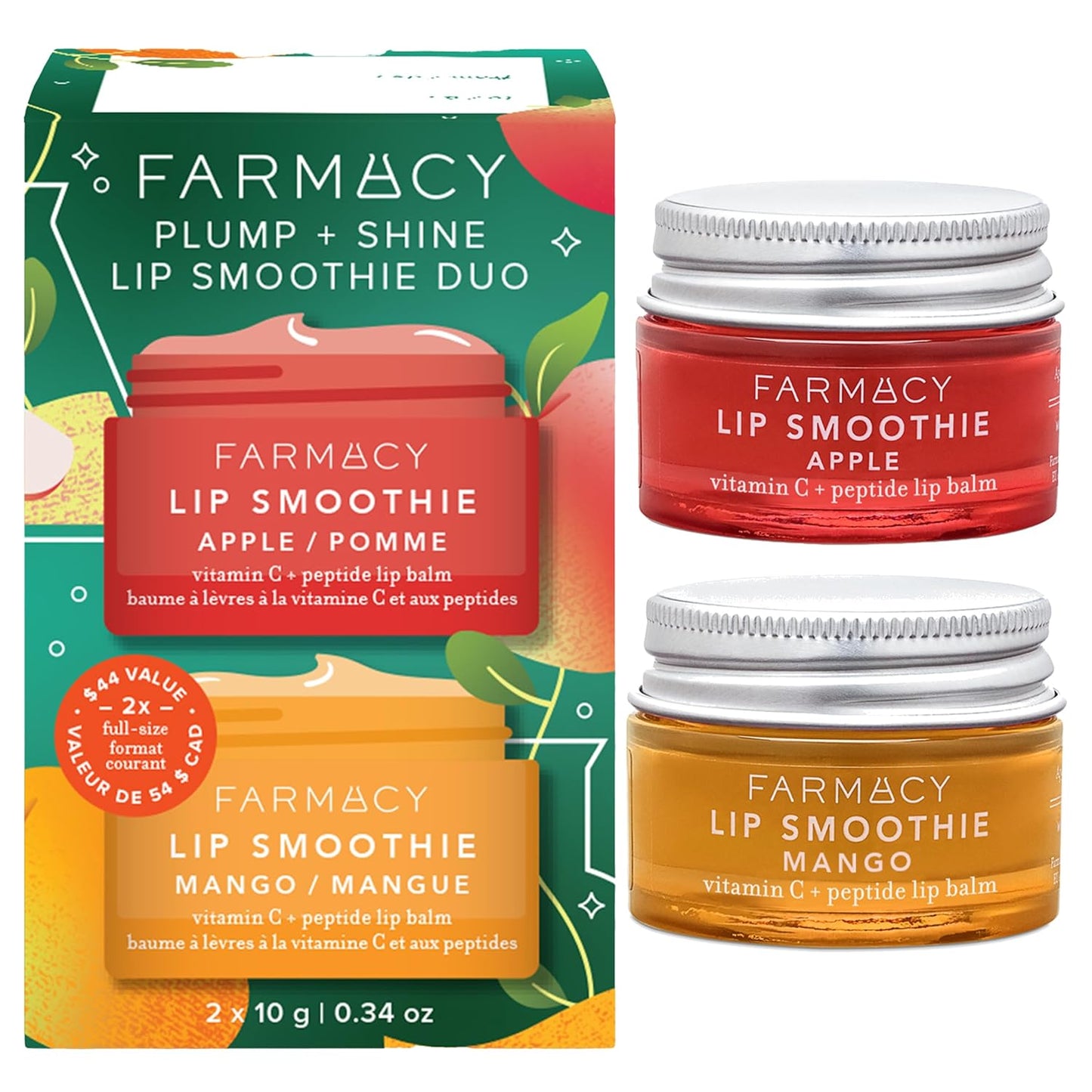 Farmacy Plump + Shine Lip Smoothie Duo - Peptide Lip Balm - Lip Moisturizer & Plumper with Vitamin C - Apple & Mango with High Gloss Finish