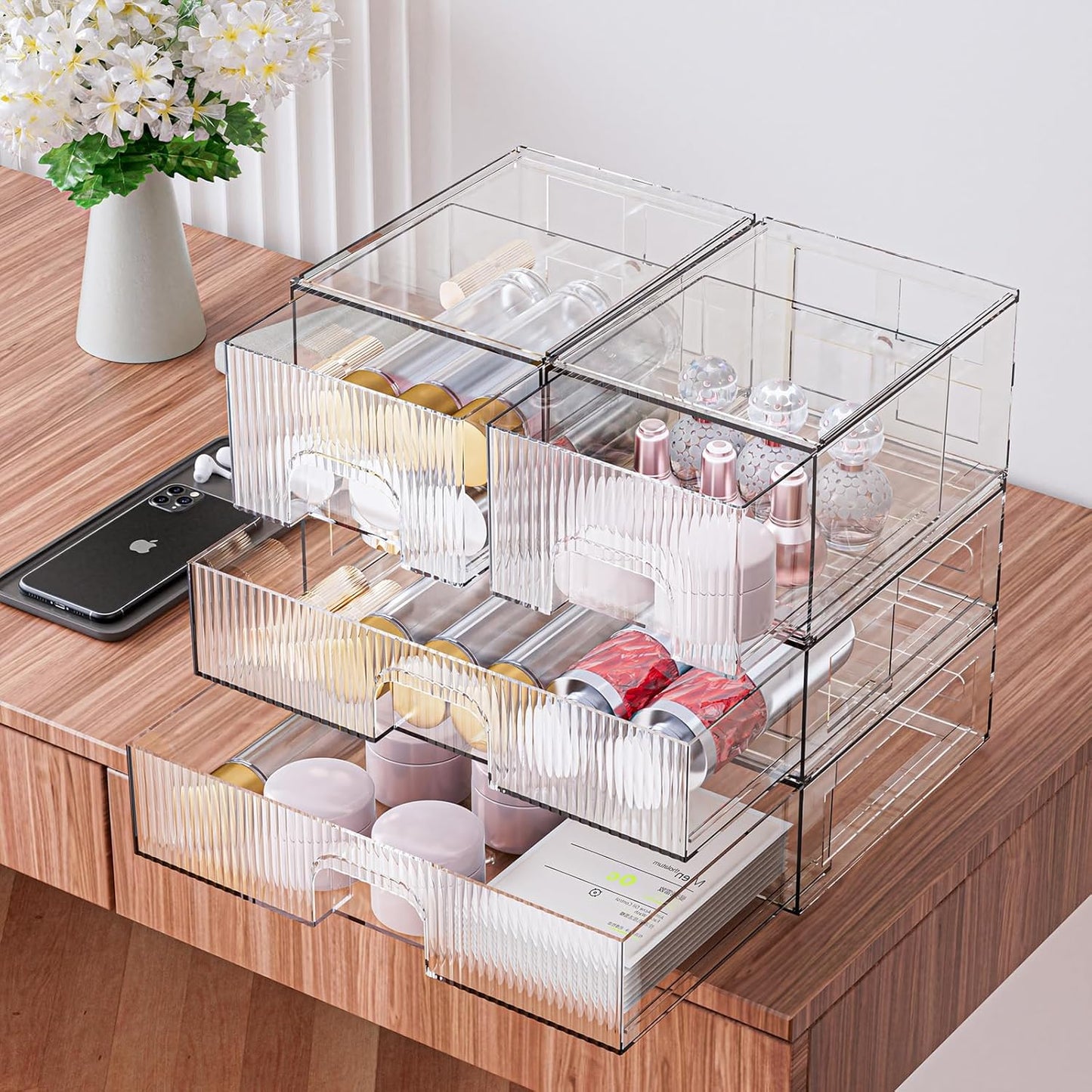 ZHIAI Stackable Storage Box, Acrylic Organizer, Cosmetic Organizer for Cosmetics and Beauty Products for Dressers, Bathrooms, Cabinets, Bedrooms and Home Organization 4 Piece Set
