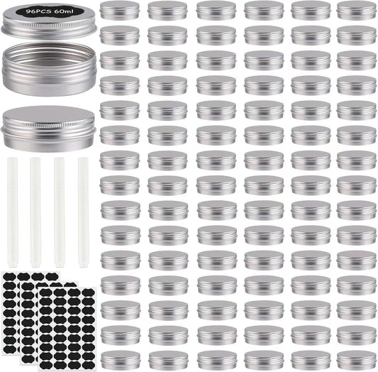 96 Pack Round Cans with Screw Lid 2 Oz Aluminum Metal Tins DIY Food Candle Containers for Lotion Bars, Balms, Salve, Spices, Beard Balm, Crafts with 4 Markers 3 Sheets Label Stickers (Silver)