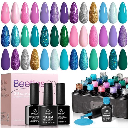 Beetles Purple Gel Nail Polish Set, 20 Colors Blue Green Pink Purple Shimmer Glitter Mermaid Gel Polish Kit with Base Top Coat Soak off Uv Nail Art Halloween Gifts for Women | alldaygood beauty