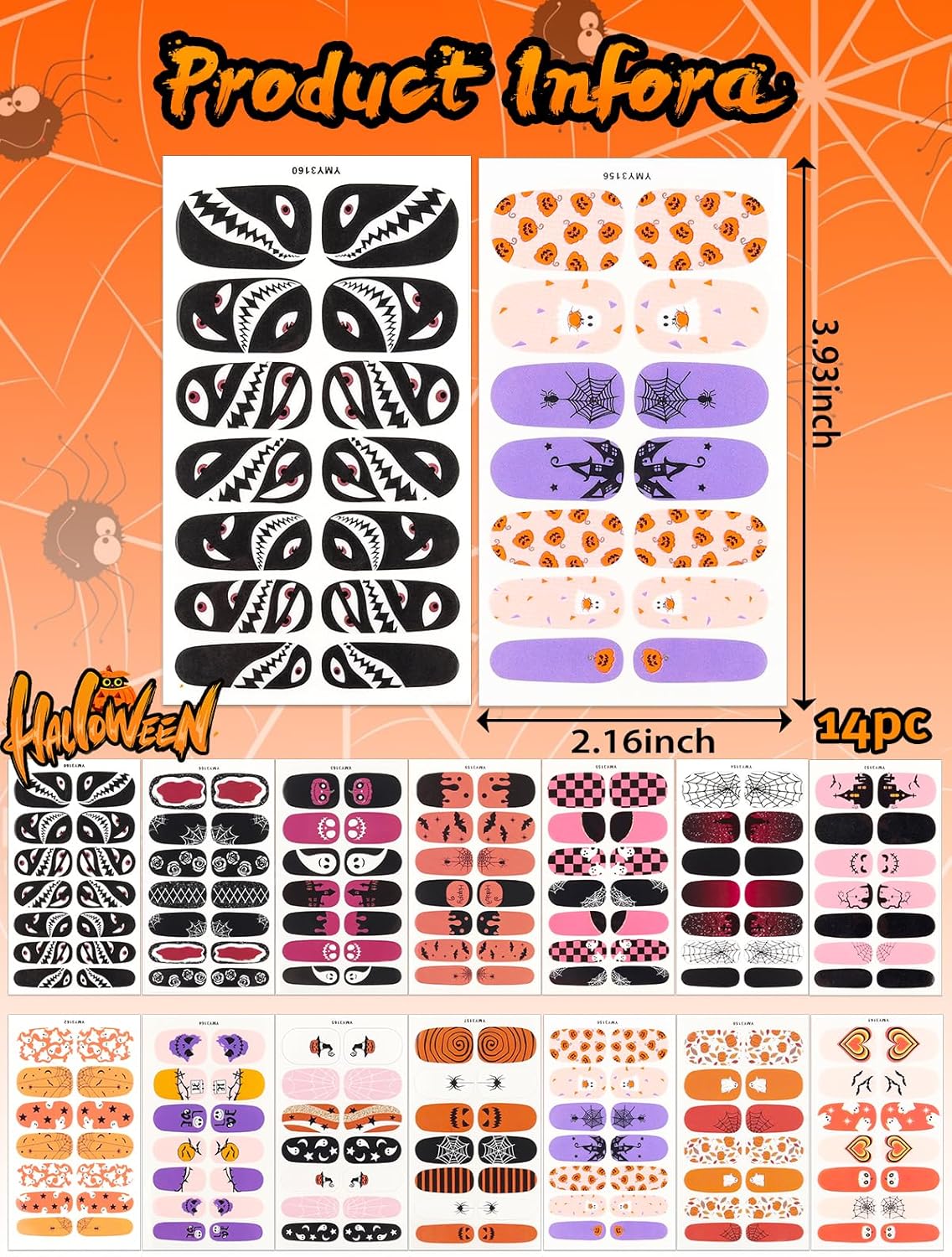 EBANKU 14 Pcs Halloween Full Wrap Adhesive Nail Polish Stickers, Cute Ghost Bats Spider Webs Skeleton Nail Strips Wraps with Nail File for Halloween Party Decor