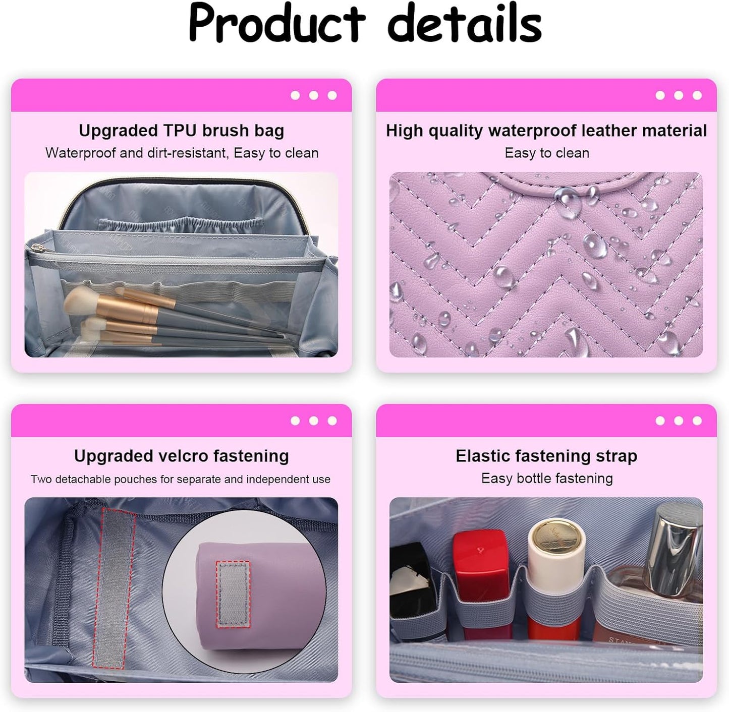 Travel Makeup Bags Cosmetic Organizer Bag: Quilted Make up Bag Set of 3 - PU Leather Toiletry Bags for Women - Portable Makeup Organizer with Compartments & Handle & Divider (14-Purple)
