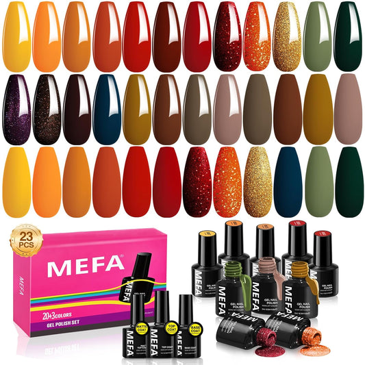 MEFA Fall Gel Nail Polish Set, 23 Colors Brown Orange Nail Polish Set Gold Glitter Yellow Nail Polish Soak Off Red Shimmer Gel Nail Gifts for Women Girl DIY Salon Home Manicure