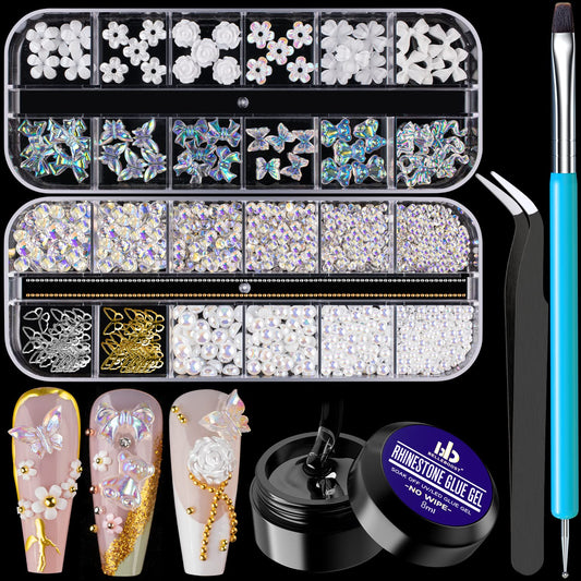 Mixed 3D Nail Art Gem Decoration Accessories Kit #4, Aurora Bear Bow Butterfly Starry AB Rhinestone Charm Jewelry for Deco, Pearl Flower Caviar Bead Stone Crystal with Dual-End Brush and Tweezer