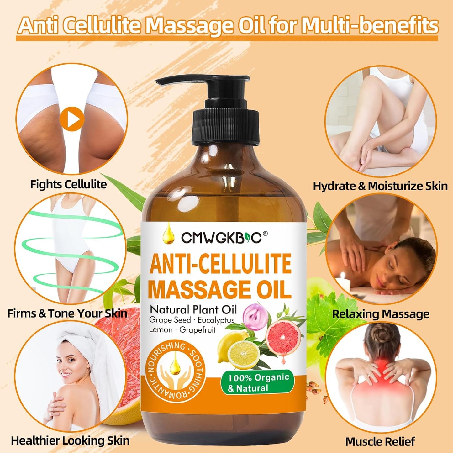 Anti Cellulite Oil Massage Oil for Massage Therapy,Body Oil for Skin Tightening & Cellulite Remover in Thighs and Butt,Cellulite Treatment Massage Oil,Assists with Firming,Toning & Moisturizes Skin
