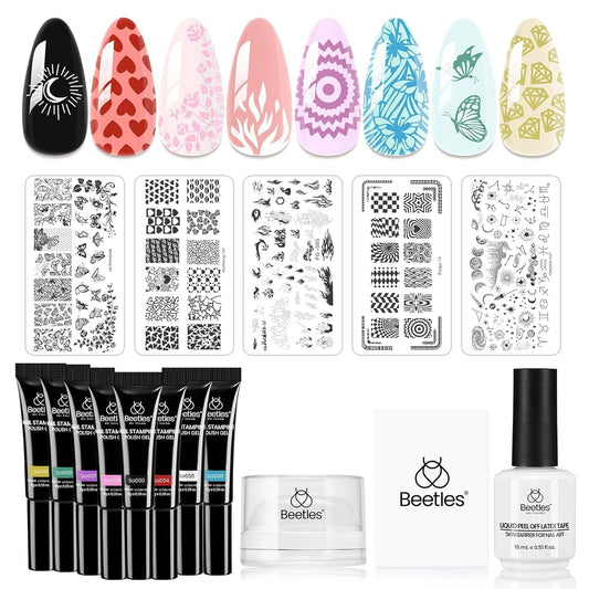 Beetles Nail Stamp Gel 16Pcs French Tip Nail Stamp Kit with 8 Colors Stamper Gel Polish, 5 Nail Stamping Templates, Scrapers, Liquid Latex & Short Silicone Stamper Gift for Women | alldaygood beauty