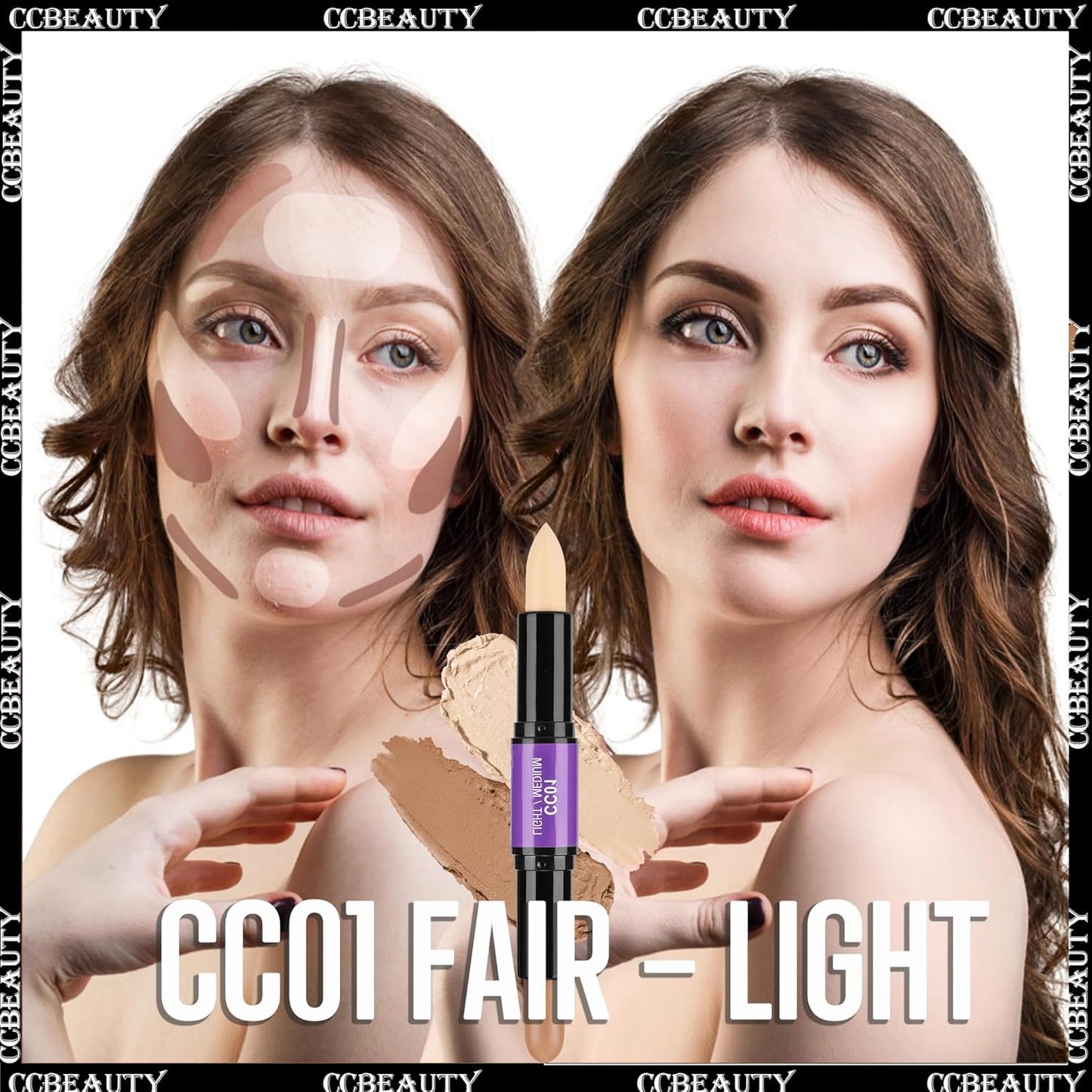 CCbeauty 2pcs 2-IN-1 Matte Contour Highlighter Stick with Blush,Cream Dual-End Highlight Bronzer Concealer & Blusher for Cheeks & Lip, Long Lasting Contouring for Face Shaping Makeup, Light-Medium