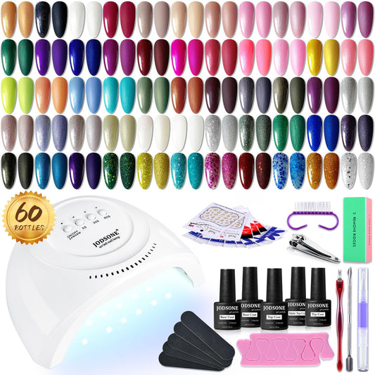 JODSONE 60 PCS Gel Nail Polish Starter Kit With U V Light 55 Kinds Of Color Glitter Gel Polish No Wipe Base And Glossy Matte Top Coat Easy To Apply | alldaygood beauty