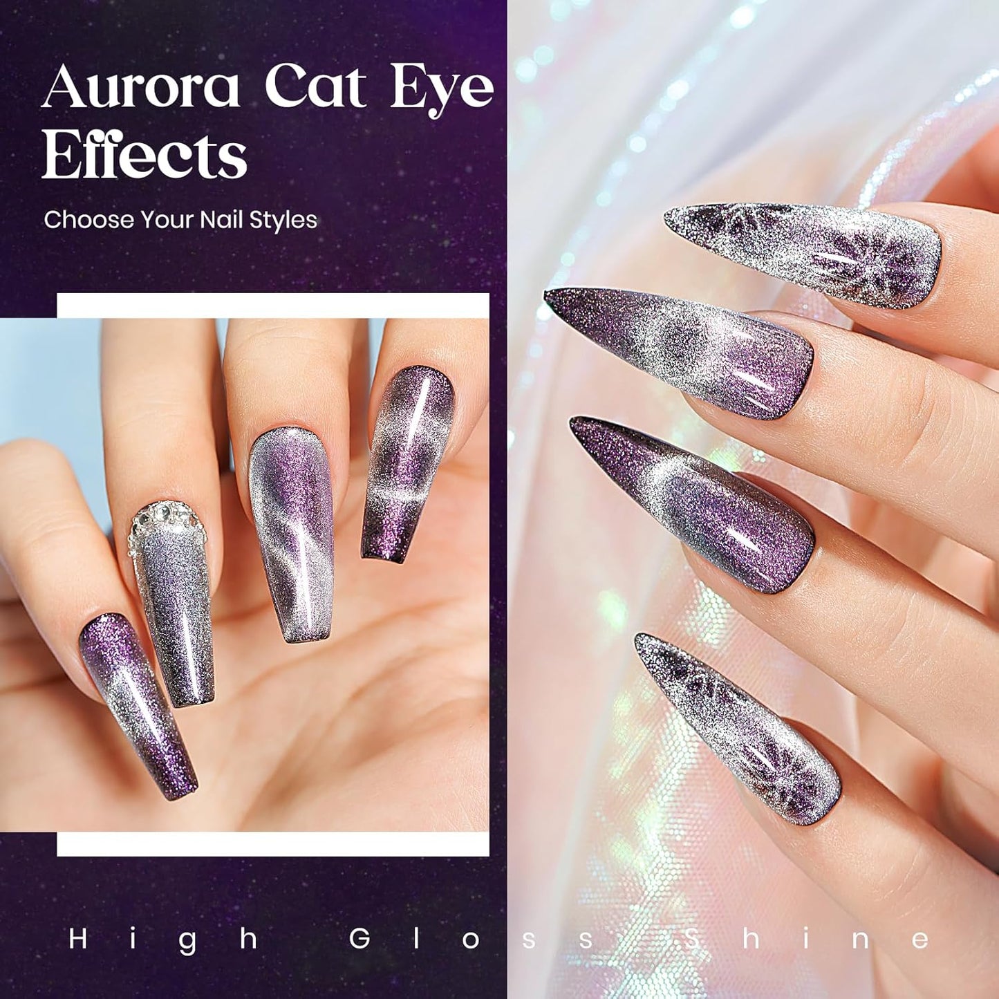 MIZHSE Aurora Cat Eye Gel Nail Polish, 2 Colors Magnetic Gel Polish with Magnet, Holographic Shimmery Shiny Effect Soak Off Nail Art Manicure Home
