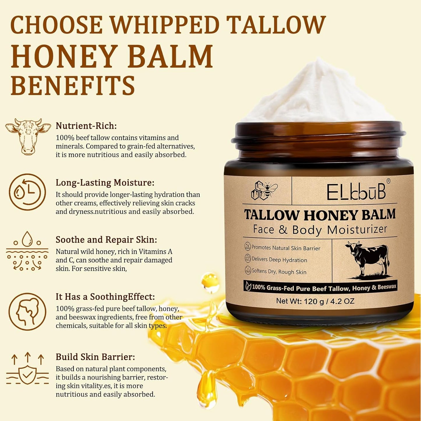 Whipped Tallow Cream for Face & Body - 100% Grass-Fed Beef Tallow, Natural Honey & Beeswax Moisturizer, Deep Hydration & Nourishment, Oil-Free & Unscented, Fast Absorbing