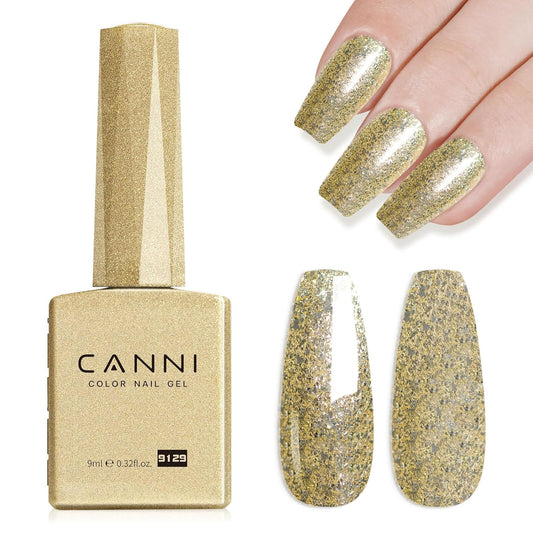 CANNI Gold Glitter Gel Polish – 9ML Chunky Sparkly Soak-Off UV/LED Nail Gel, Golden Flakes Finish for DIY Manicure, French Tips, or Salon Use | alldaygood beauty