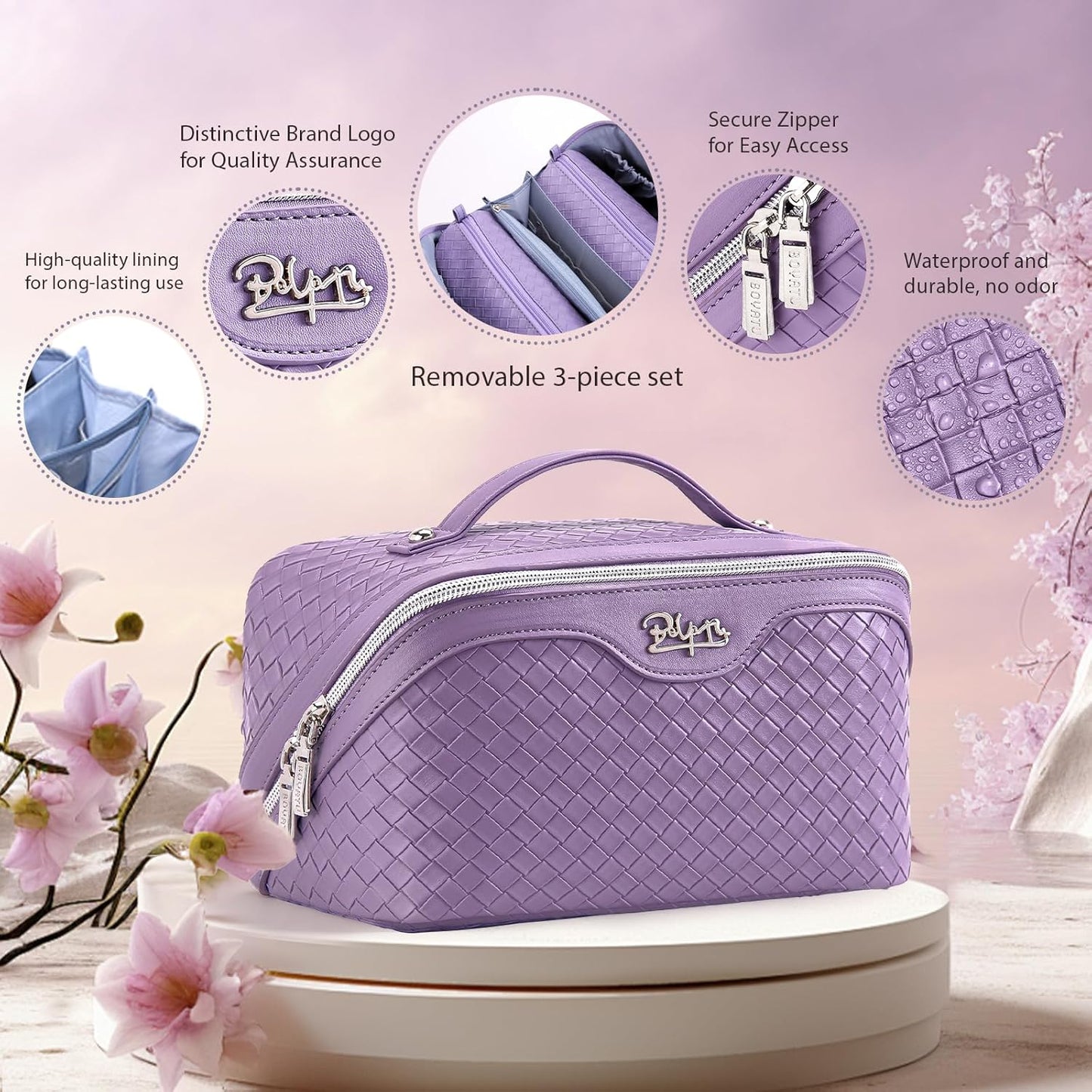 BOYATU Travel Makeup Bag Cosmetic Bags for Women: Large Capacity 3 Pcs Set Make up Bag with Compartments - Waterproof Vegan Leather Toiletry Organizer Bags with Handle - Travel Essentials(L01 Purple)