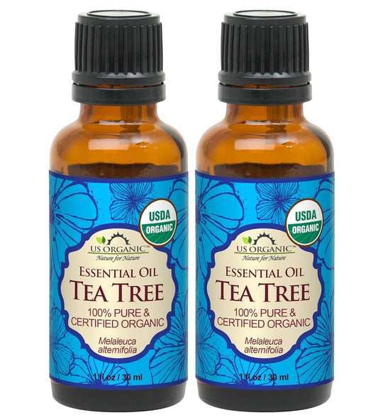 US Organic 100% Pure Tea Tree Essential Oil, Steam Distilled, USDA Certified Organic, for Hair, Skin, Scalp, Foot, Toenails, and Nail Polish - 30 ml, 2 Pack | alldaygood beauty