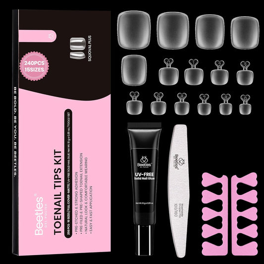 Beetles Toe Nail Tips Kit Square Plus with Nail Glue - 15 Size 240 Pcs Long Wider Nail Tips for Big Toes Pre-etched Double Matte Full Cover Press on Toenail Extensions Set for Women Home DIY | alldaygood beauty