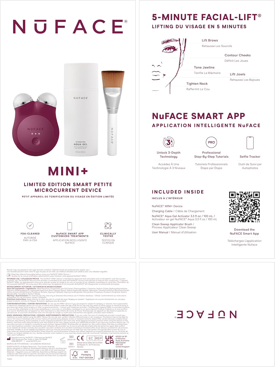 NuFACE MINI+ Microcurrent Facial Device Kit - Limited Edition FDA Cleared Face Massager Device + Microcurrent Gel Activator & Applicator Brush - Velvet Rose