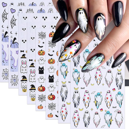 8Sheets Halloween Cute Heart Ghost Nail Stickers 3D Self-Adhesive Pumpkin Spider Web Nail Decals Pumpkin Bat Spider Web Black Cat Nails Design Star Nail Accessories for Women Holiday Manicure Decor | alldaygood beauty