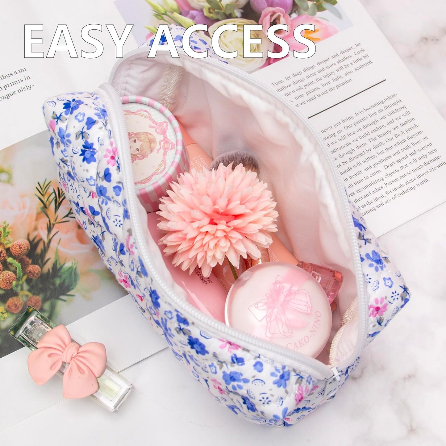 PAZIMIIK Vintage Quilted Makeup Bag Cosmetic Pouch for Brushes Pencils and Travel Make Up Accessories for Women and Girls Flower Blue