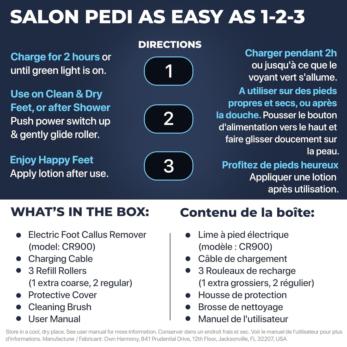 Electric Callus Remover: Own Harmony Professional Pedicure Tools Foot Care for Women, Rechargeable Foot Scrubber, CR900 Electronic Feet File Pedi Sander Best for Hard Cracked Dry Dead Skin, 3 Rollers