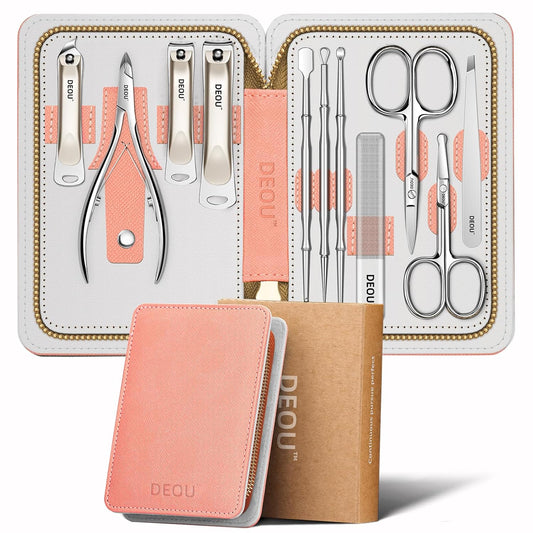 Professional Nail Set 11 in 1 stainless steel home care nail clippers, men's luxury travel leather storage box, women's beauty kit (Pink) | alldaygood beauty