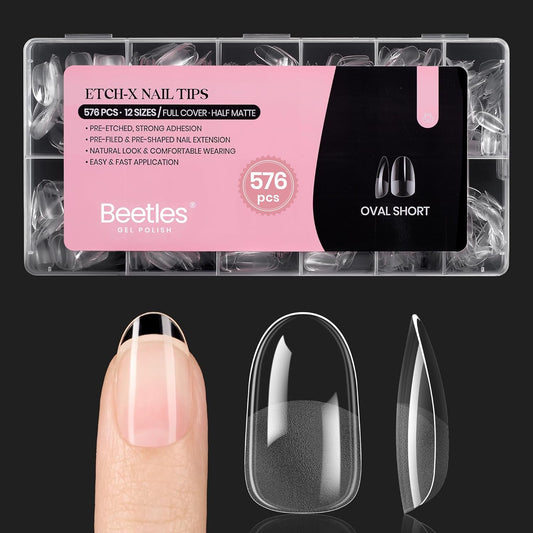 Beetles Gel Nail Tips Short Oval 576Pcs, 12 Sizes Pre-Shaped Half Matte Press On Nails Gelly Tips False Nails for Gel Full Cover False Nails Home DIY Nail Salon Gifts for Girls Women | alldaygood beauty