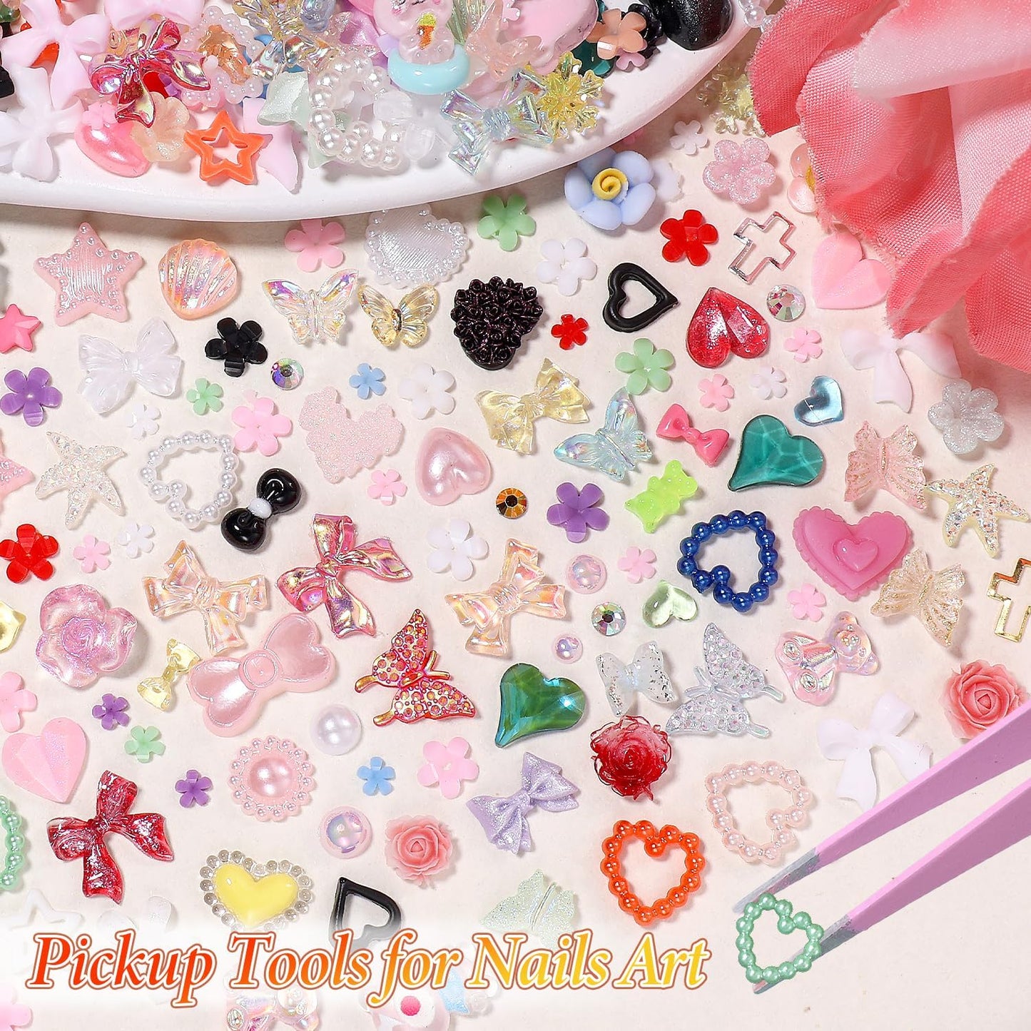 3D Nail Charms and Gems Mix Styles Butterfly Flower Bow Heart Colorful Assorted Nail Art Charm for Acrylic Nails Design, Pearls Nails Charms with Rhinestones Tiny Beads with Tweezers