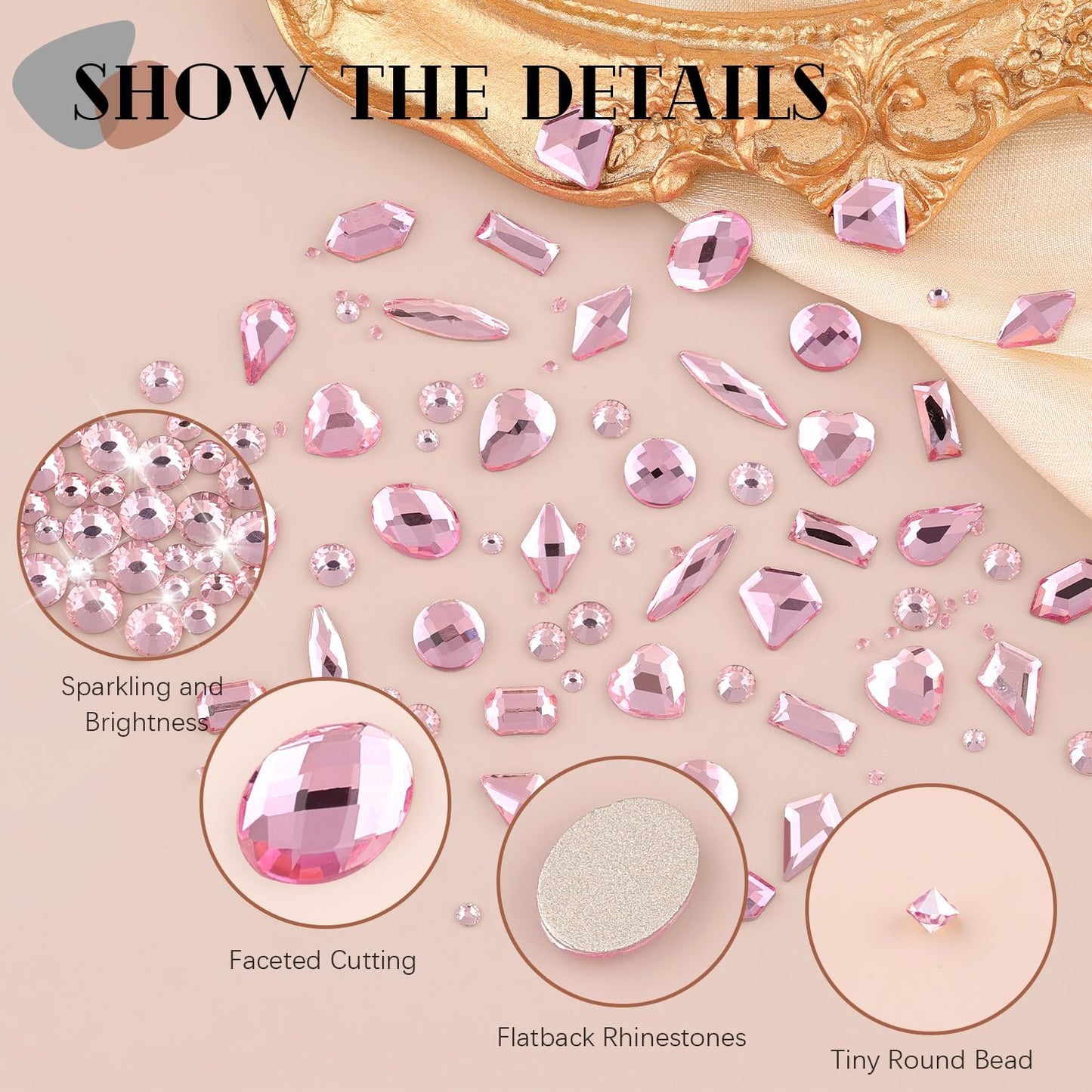 2060Pcs Pink Glass Nail Rhinestones 60Pcs Multi Shapes Flatback Nail Gems + 2000Pcs 1.5-4mm Round Crystal, Manicure Nail Charms Diamond Gemstones for Acrylic Nails Decoration
