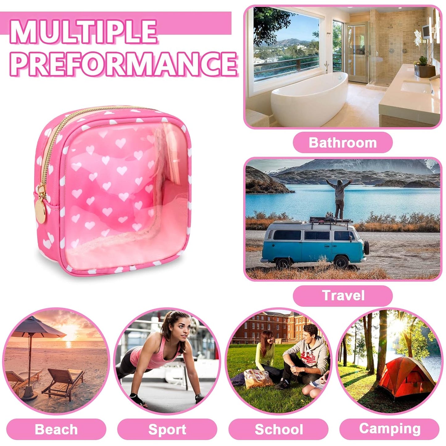 Clear Mini Makeup Bag for Purse, Small Nylon&PVC Cosmetic Travel Bag TSA Approved Toiletry Bag with Zipper, Preppy Transparent Makeup Travel Bag Coin Purse for Women Men Girls(Mini-Pink Heart)