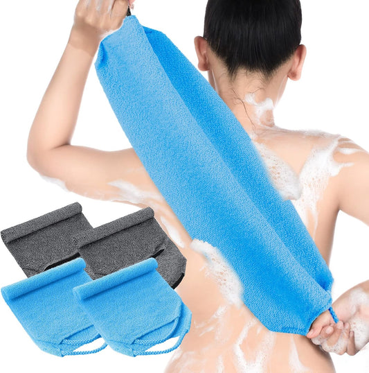 Moukeren Exfoliating Back Scrubber with Handles 4 Pack Nylon Back Exfoliator Extended Length Washers Scrubbers Stretchable Pull Strap Exfoliating Washcloth(Gray, Deep Blue)