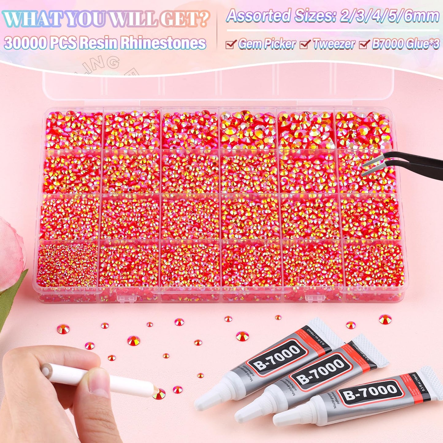 30000Pcs Resin Red AB Rhinestones for Bedazzling Crafting with b7000 Jewelry Glue, Bulk Flatback Gems Bedazzler Kit for Crafts Clothes Shoes Fabric Nail Diamond Art, Assorted Size 2/3/4/5/6mm