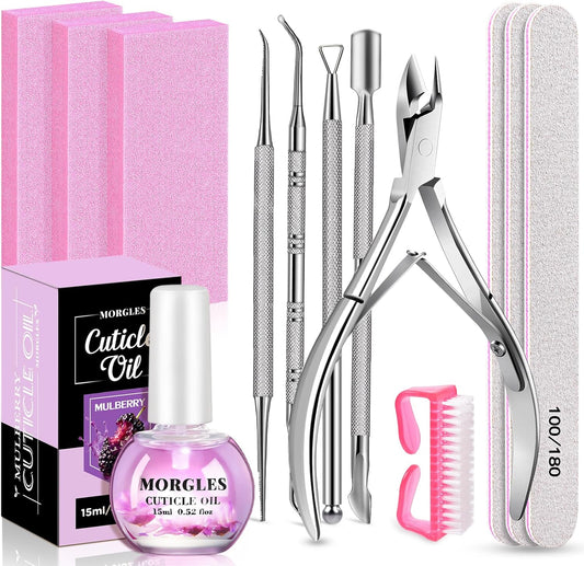 MORGLES Nail Care Kit, Manicure and Pedicure Tools Kit, 3 Nail File 100/180, 3 Buffer Block, Mulberry Cuticle Oil, Trimmer and Pusher
