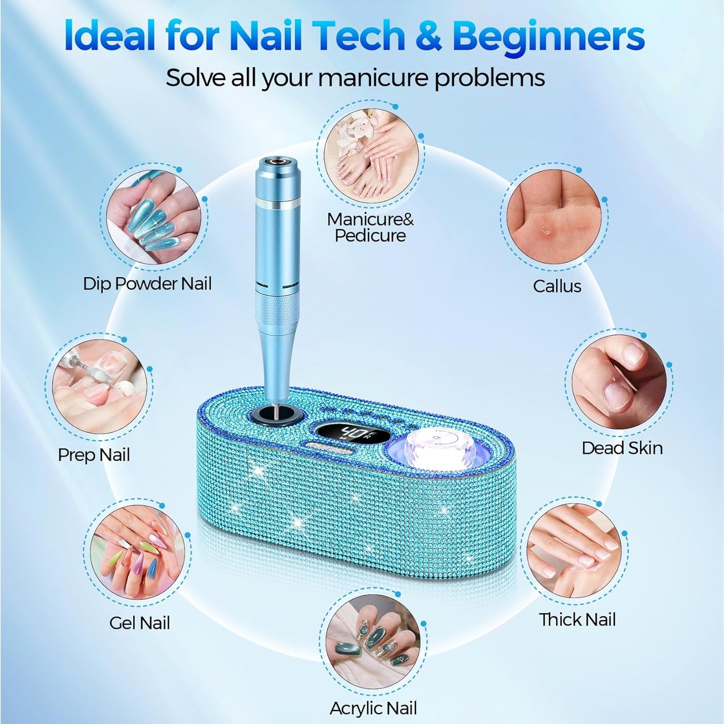 Nail Drill Electric File: DEDNMSCA Sparkly Professional Nail Drill Kit, 40000RPM E-File Machine with 12 Drill Bits for Acrylic Nails Remove Nail Gel Polish Manicure for Salon Home, Blue Diamond