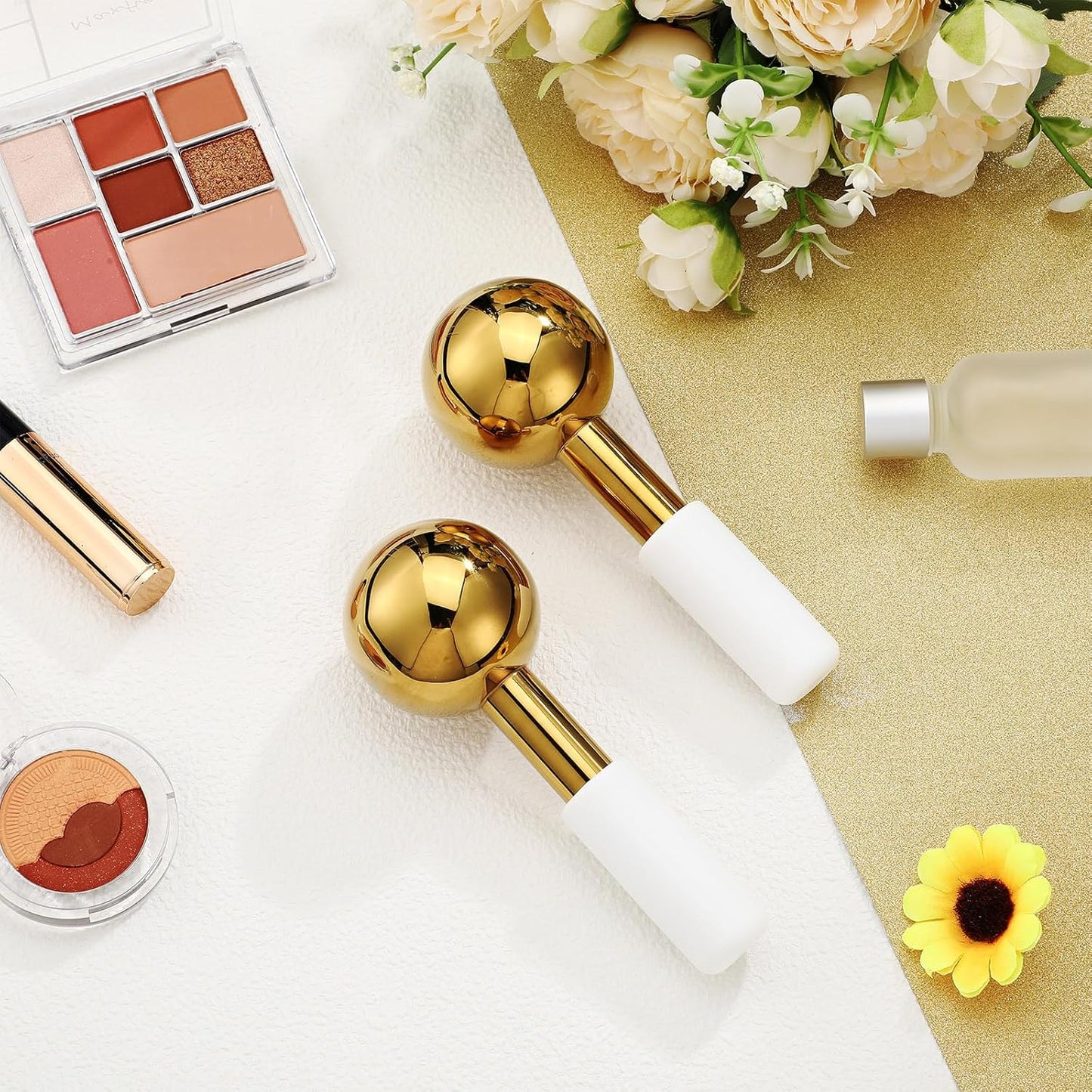 Baderke 2 Pcs Ice Globes for Face Stainless Steel Cooling Globes Unbreakable Cooling Roller Women Ice Balls Cryo Sticks Face Skin Care for Dark Circles, Puffiness(Gold (white Handle))