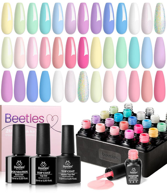 beetles Gel Polish Nail Set 20 Colors Spring Pastel Girly Sparkle Glitter Uv Gel Dreamy Town Collection Macaroon Bright Pastel Nail Manicure Kit with 3Pcs Base Top Coat Gift for Women | alldaygood beauty