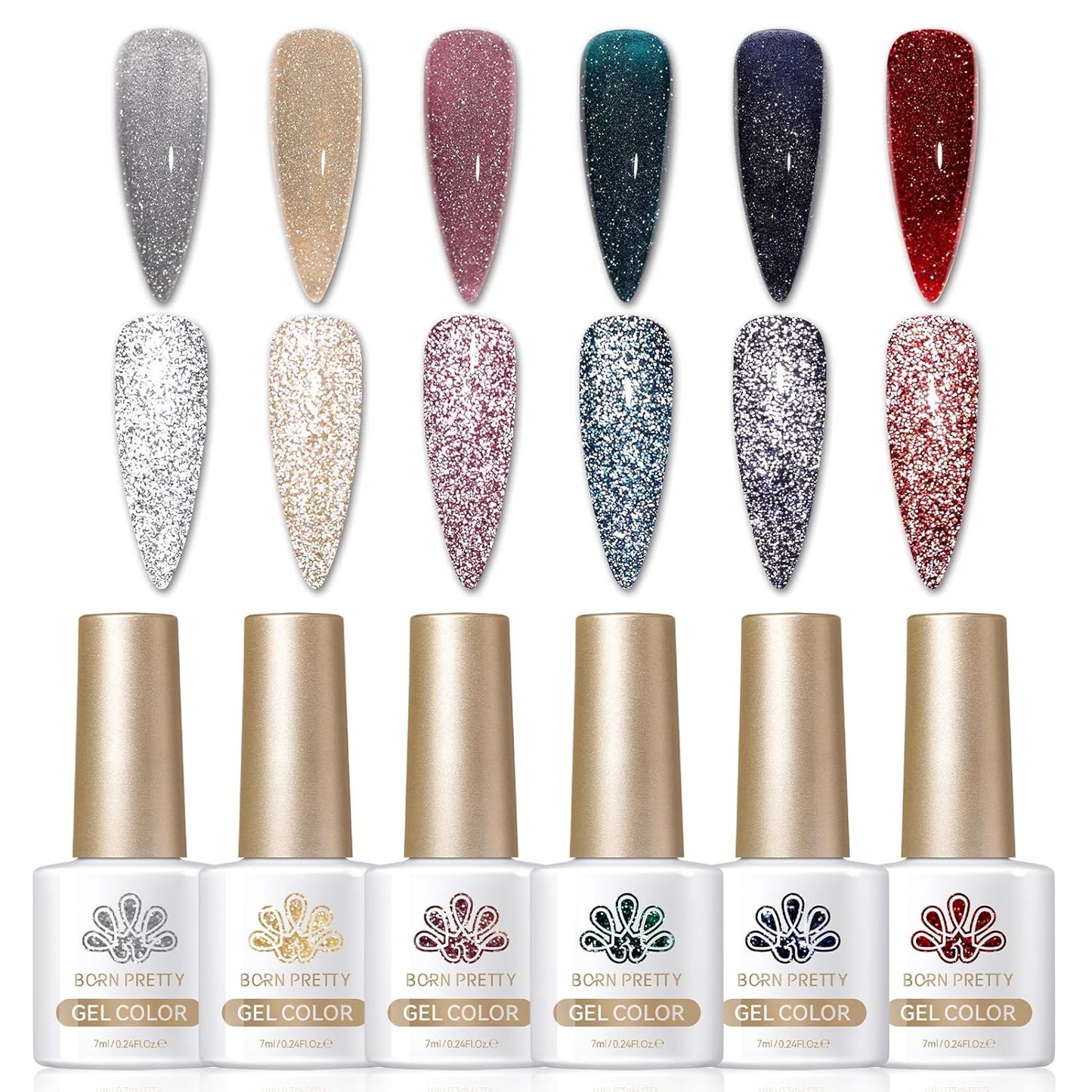 Born Pretty Reflective Glitter Gel Nail Polish, 6 Colors Holographic Gel Polish Long Lasting Sparkly Shiny Nail Polish U V Set for Manicure and Nail Art, DIY at Home, Salon-Quality 7ml