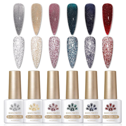 Born Pretty Reflective Glitter Gel Nail Polish, 6 Colors Holographic Gel Polish Long Lasting Sparkly Shiny Nail Polish U V Set for Manicure and Nail Art, DIY at Home, Salon-Quality 7ml | alldaygood beauty